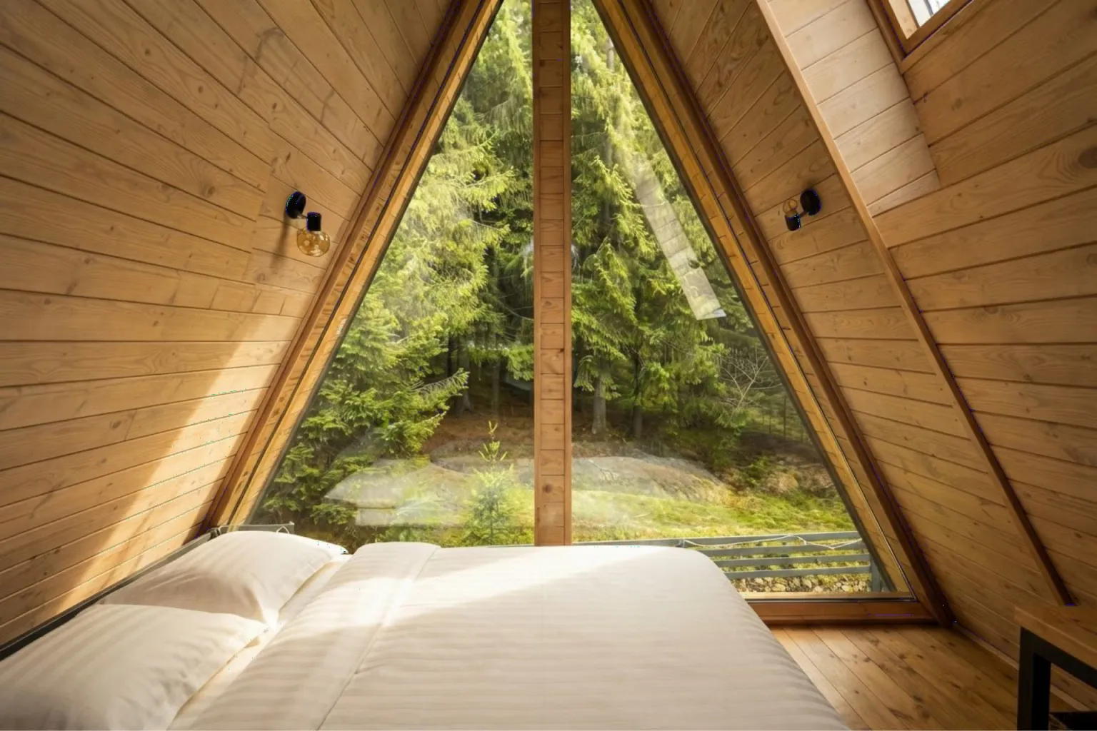 An A-frame window filled by the forest